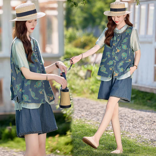 新中式国风复古印花，牛仔马甲时尚洋气短裤三件套HR-XPH8101 商品图3