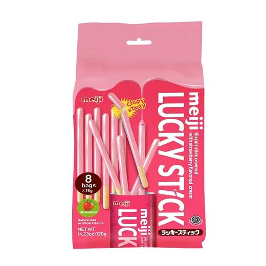 【印尼进口】Meiji 明治 LUCKY STICK 乐喜饼干条（草莓味）120g（15gX8包） 商品图0