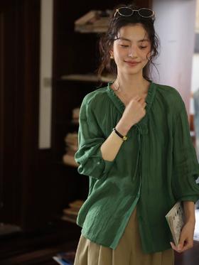 法式花边领防晒苎麻显瘦V领神仙透气感亚麻衫