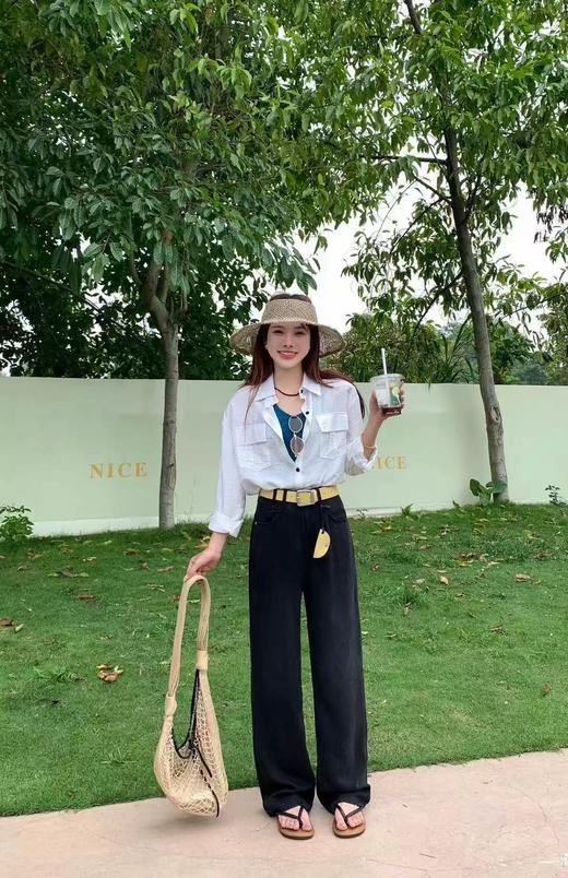 七夕福利-NO退｛牛仔裤2025｝12861莱赛尔棉天丝黑色长裤韩版直筒显瘦牛仔裤-喜出 商品图5