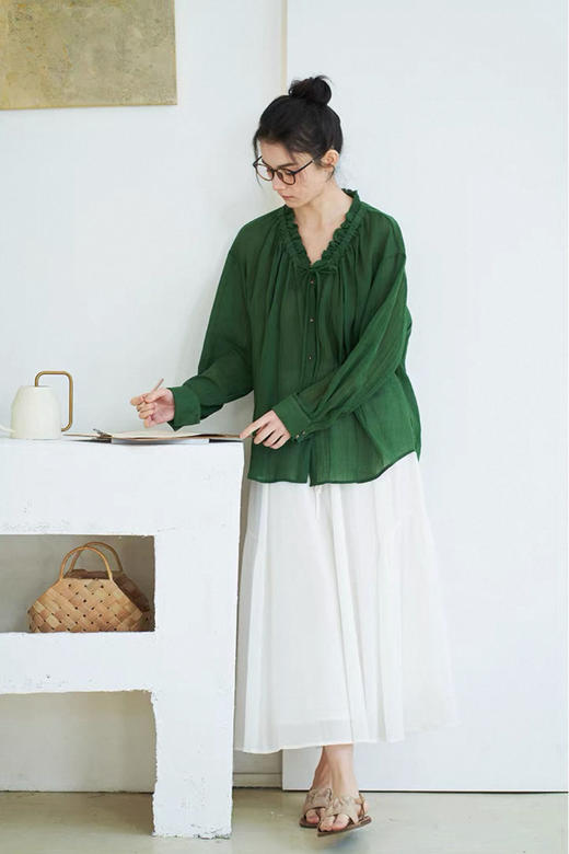 法式花边领防晒苎麻显瘦V领神仙透气感亚麻衫 商品图11