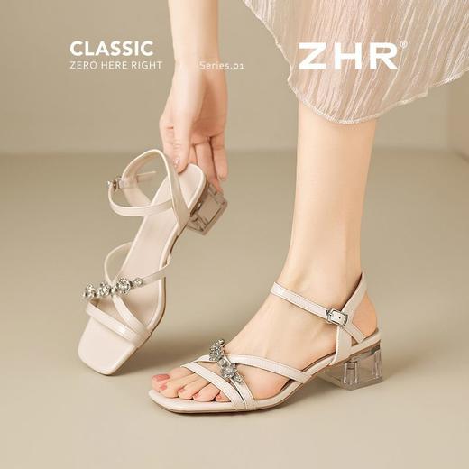 ZHR则则水钻粗跟凉鞋2025新款气质百搭一字凉鞋仙女方头时尚女鞋 商品图6