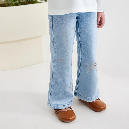 笛莎Deesha 童装女童裤子2025秋新款女童蝴蝶结烫钻牛仔微喇裤 商品图1