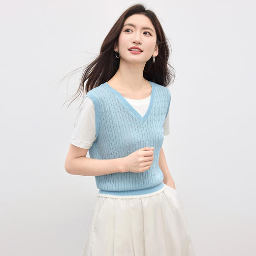 【周末秒杀】熙世界撞色短袖假两件针织衫女夏2025新款设计感正肩T恤拼接上衣 商品图4