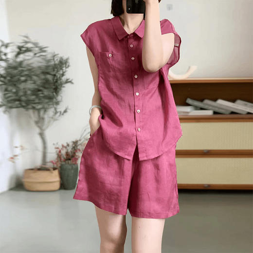 MZ18858欧货高级感休闲运动套装女2025新款夏季飞飞袖亚麻衬衫短裤两件套 商品图0