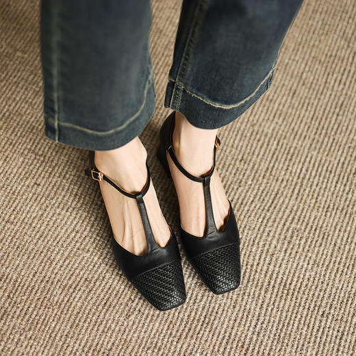 阿么手工女鞋软皮高跟鞋夏季透气百搭浅口黑色中跟通勤鞋子4.8CM 商品图4