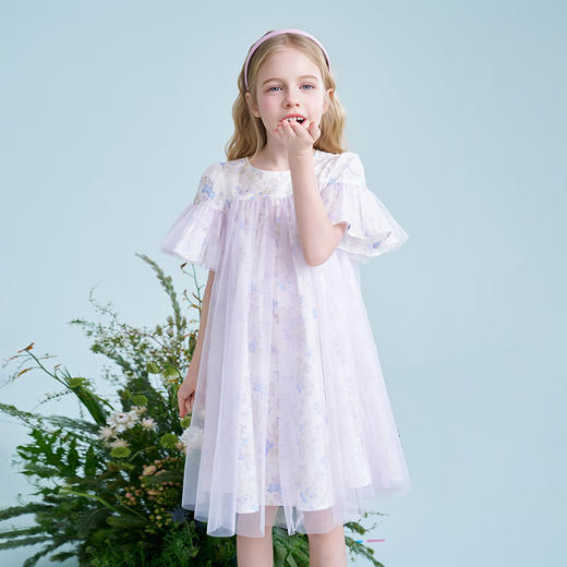 mettekids儿童连衣裙2025夏季新款纱裙女童法式碎花紫色大童裙子 商品图1