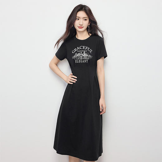【专属特价】熙世界美式复古印花连衣裙女夏装休闲收腰修身黑色纯棉短袖T恤裙 商品图4
