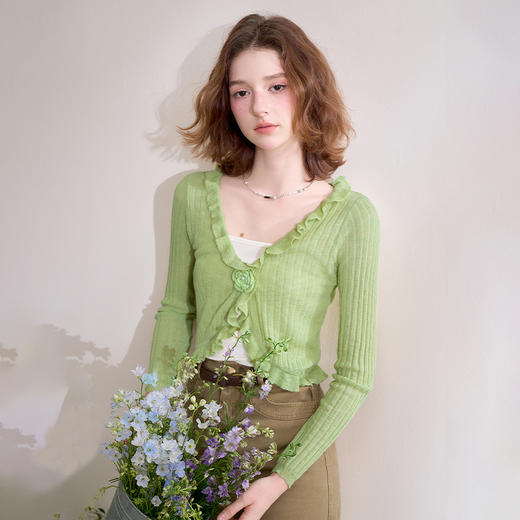 西遇蓝色薄款针织开衫女新款花朵荷叶边防晒短款外套D0050410 商品图3