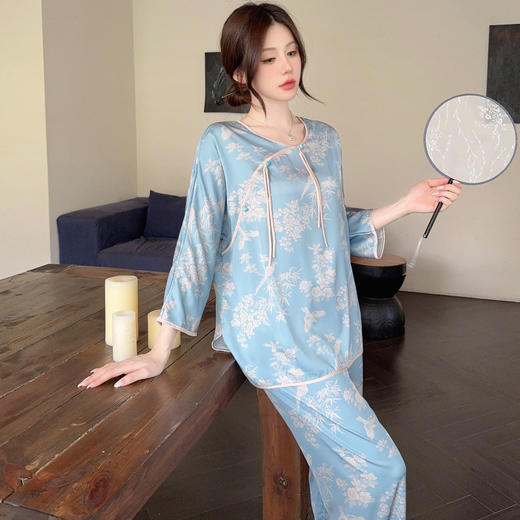 TZW-新中式国风高级感薄款竹林鸟冰雪丝睡衣女家居服套装 商品图1