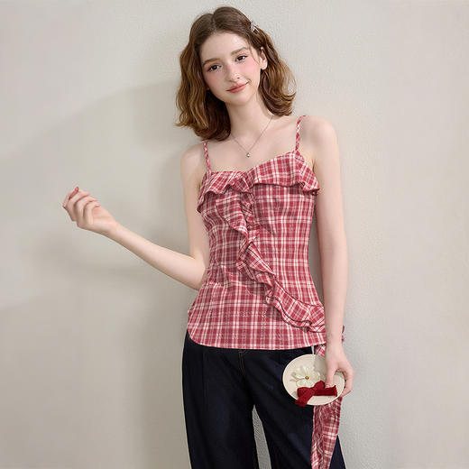 【明媚少女】辣妹复古红色格纹收腰荷叶边吊带女夏季上衣V1050593 商品图2