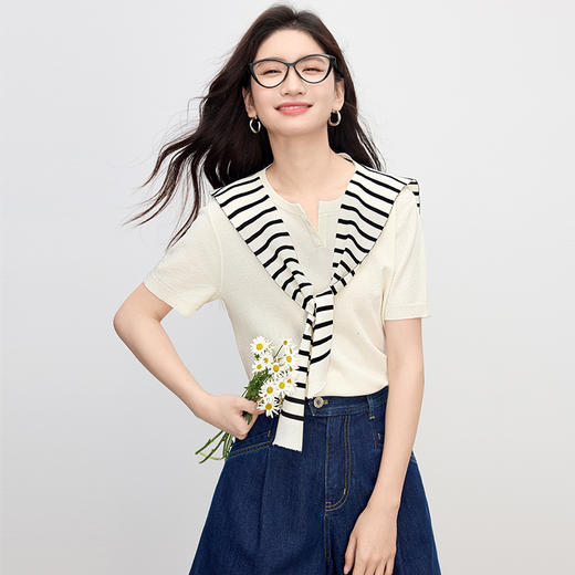 【五折购】熙世界配条纹披肩针织衫女夏季薄款2025新款时尚别致亚麻短袖上衣 商品图3