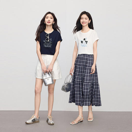 熙世界全棉珠片绣花T恤女夏季2025新款休闲百搭宽松减龄圆领上衣 商品图2