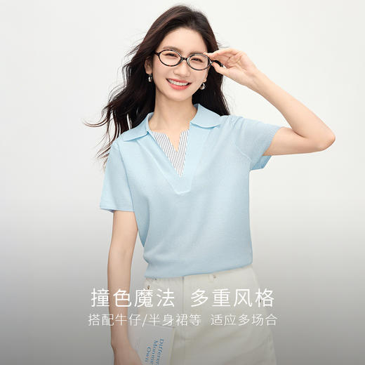 熙世界含亚麻假两件针织衫女短袖夏季薄款别致拼接条纹polo领上衣 商品图1