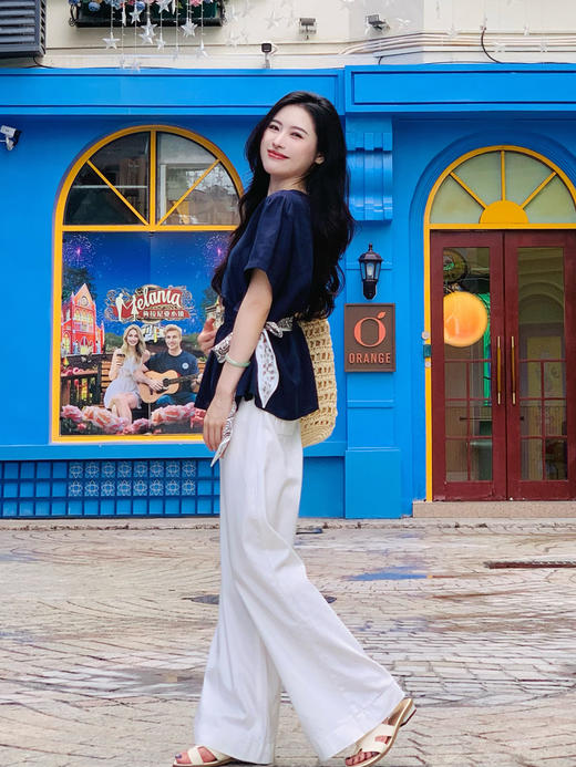 【百图lulu定制】【海岸线衬衫】亚麻莱赛尔混纺  凉爽  收腰丝巾 短袖衬衫 商品图3