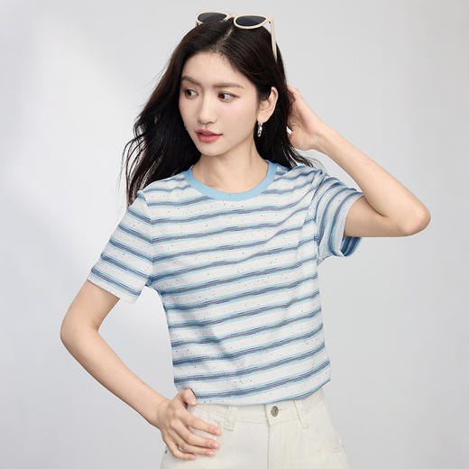 【周末秒杀】熙世界航海系蓝色条纹T恤女夏2025新款宽松百搭圆领短袖正肩上衣 商品图3