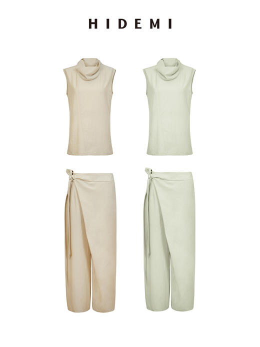 HIDEMI极简设计感不对称扭扭腰拉链破缝多穿式清透感可再生天丝背心茧型裤套装 堆堆领背心/不对称绑带茧型裤  奶茶米/杏仁绿 商品图9