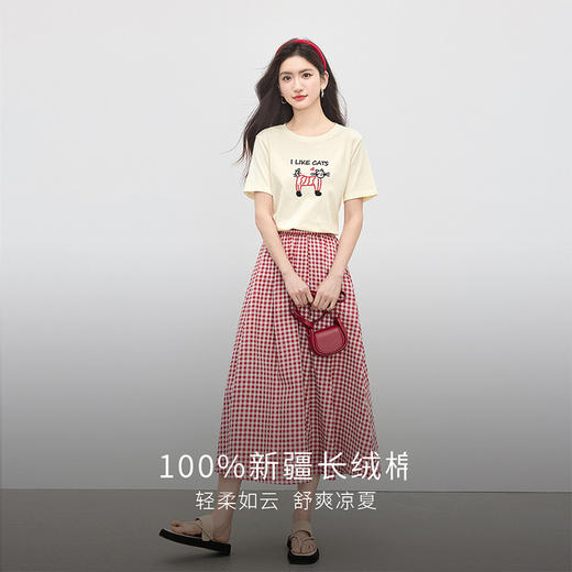 【专属特价】熙世界美式猫咪刺绣T恤女短袖夏日趣味减龄圆领正肩体恤上衣纯棉 商品图3