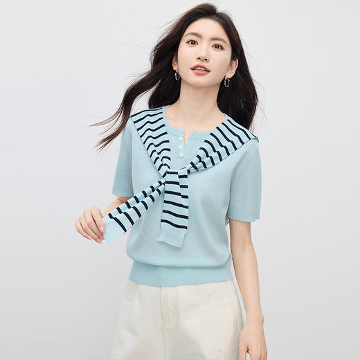 【五折购】熙世界配条纹披肩针织衫女夏季薄款2025新款时尚别致亚麻短袖上衣 商品图4