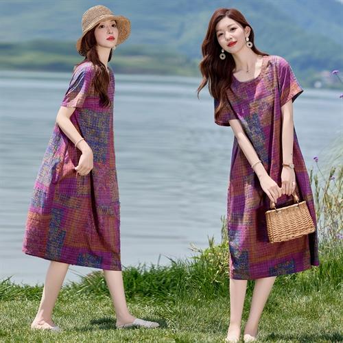 多巴胺彩色印花棉麻连衣裙，宽松遮肚显瘦减龄休闲裙子HR-NYMYZ303 商品图0