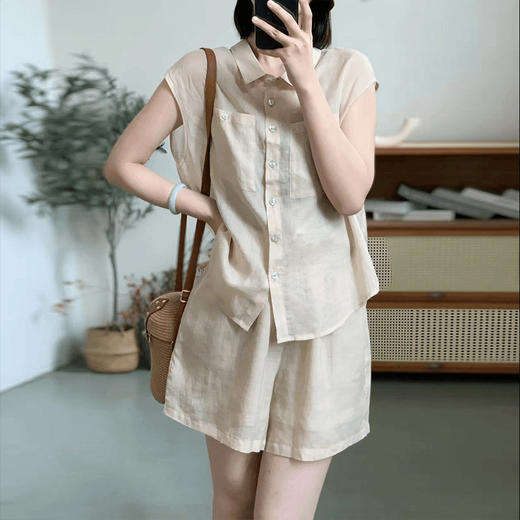 MZ18858欧货高级感休闲运动套装女2025新款夏季飞飞袖亚麻衬衫短裤两件套 商品图4