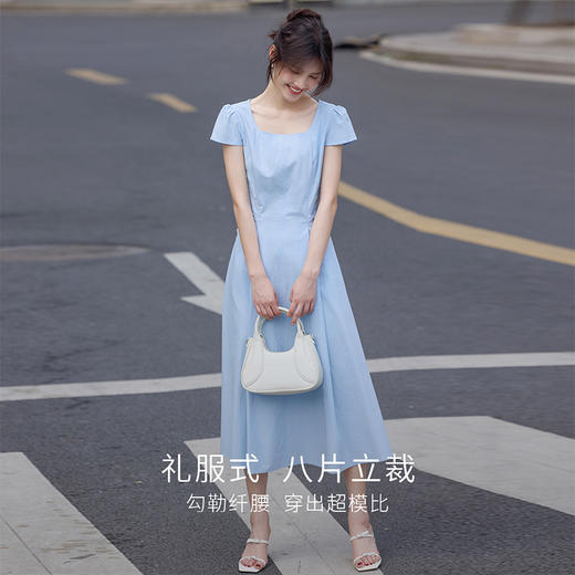 【周末秒杀】熙世界蓝色方领连衣裙女2025夏季新款法式度假气质大方得体的裙子 商品图2
