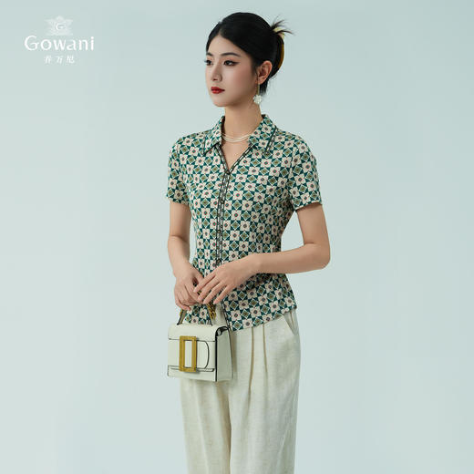 乔万尼新品真丝复古格纹V领收腰显瘦衬衫上衣ED2C535 商品图1