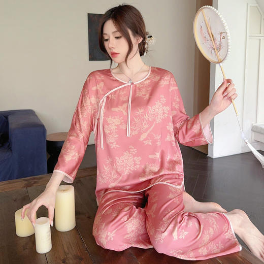 TZW-新中式国风高级感薄款竹林鸟冰雪丝睡衣女家居服套装 商品图3