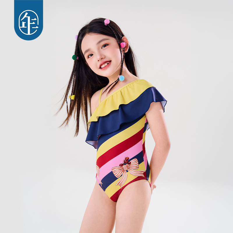 年衣童装女童连体泳衣斜肩2025年夏季新款甜美多瑞瑞彩虹泳装