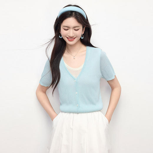 【专属特价】熙世界天丝亚麻薄款针织衫女夏日2025新款撞色圆领短袖假两件上衣 商品图4