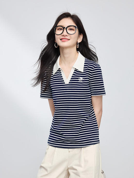 【专属特价】熙世界POLO领条纹T恤短袖女士洋气减龄刺绣正肩上衣2025夏新款 商品图4