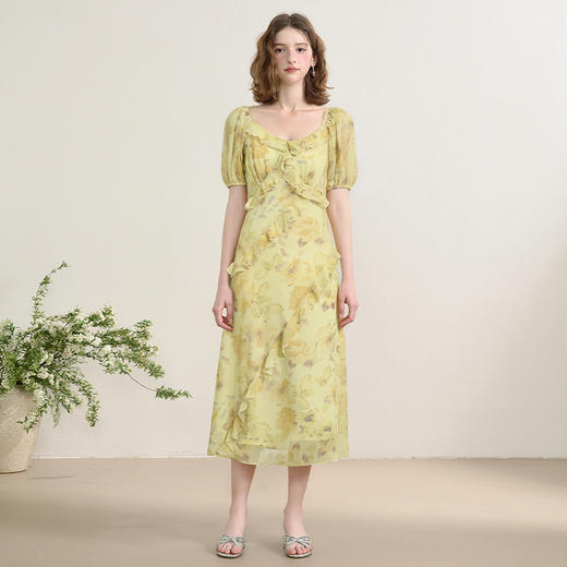 法式浪漫复古荷叶边泡泡袖碎花裙夏季桃心领收腰连衣裙V1350844 商品图1