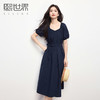 熙世界藏青色方领连衣裙女夏2025新款显通勤简约泡泡袖收腰中长裙 商品缩略图0