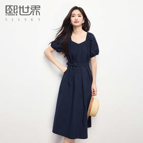 熙世界藏青色方领连衣裙女夏2025新款显通勤简约泡泡袖收腰中长裙