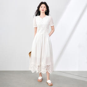 「高货wl」全新升级【铂金会员404/天猫539/差价135】(20959)洛诗琳定位镂空绣花连衣裙2025夏季棉质度假风白色长裙女