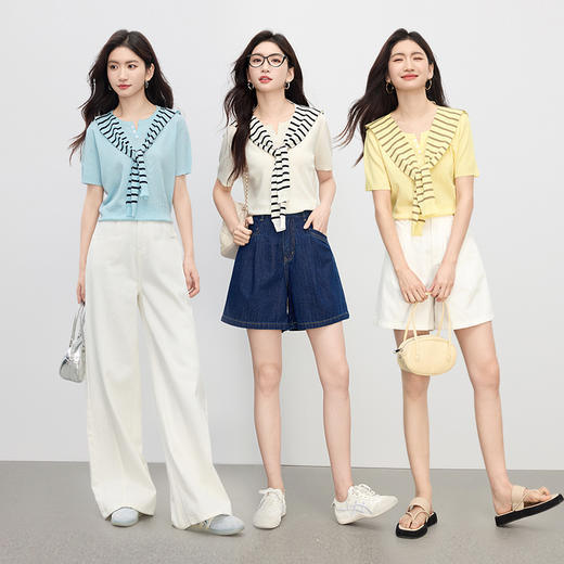 【五折购】熙世界配条纹披肩针织衫女夏季薄款2025新款时尚别致亚麻短袖上衣 商品图2