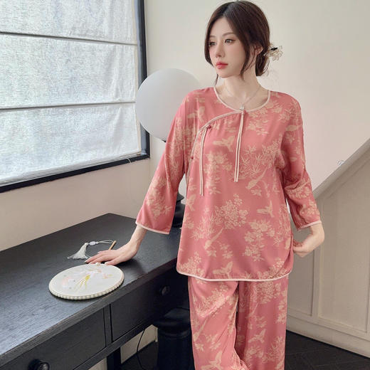 TZW-新中式国风高级感薄款竹林鸟冰雪丝睡衣女家居服套装 商品图2