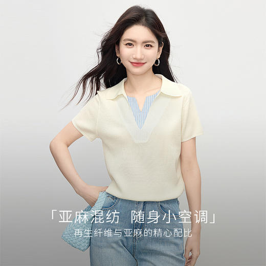 熙世界含亚麻假两件针织衫女短袖夏季薄款别致拼接条纹polo领上衣 商品图2