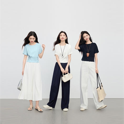 【专属特价】熙世界天丝棉收腰T恤女短袖夏季新款修身显瘦圆领莱赛尔短款上衣 商品图3