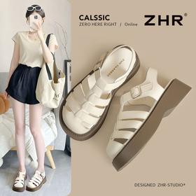 ZHR则则厚底罗马凉鞋2025新款编织猪笼鞋圆头魔术贴女鞋法式凉鞋