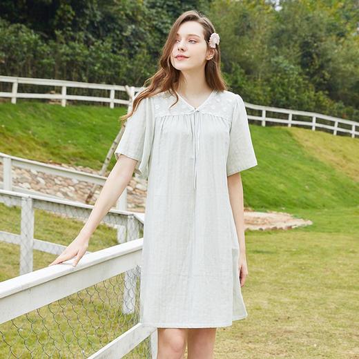 3楼 美标双层棉纱提花短袖睡裙睡衣女棉质甜美家居服89203 商品图0