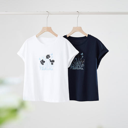 熙世界全棉珠片绣花T恤女夏季2025新款休闲百搭宽松减龄圆领上衣 商品图3