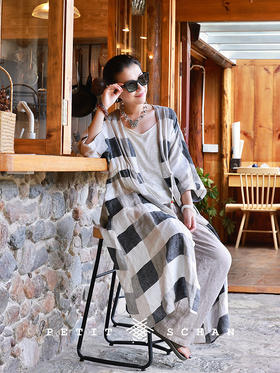 PETIT SCHAN小闪 CLO#849 Sojourner 旅居者 纯亚麻抽绳格纹七分袖长袍连衣裙