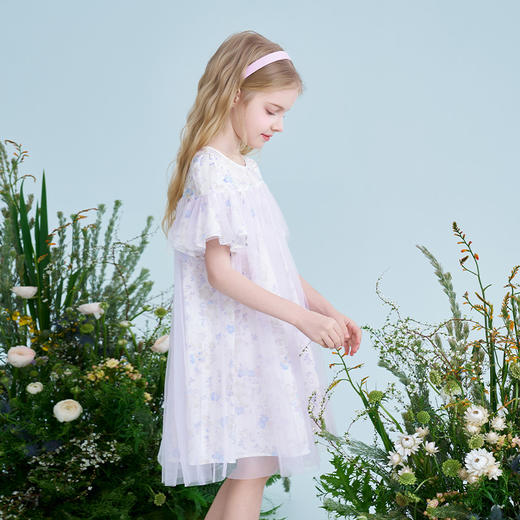 mettekids儿童连衣裙2025夏季新款纱裙女童法式碎花紫色大童裙子 商品图5