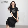 【专属特价】熙世界美式复古印花连衣裙女夏装休闲收腰修身黑色纯棉短袖T恤裙 商品缩略图0