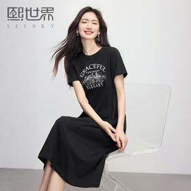 【专属特价】熙世界美式复古印花连衣裙女夏装休闲收腰修身黑色纯棉短袖T恤裙