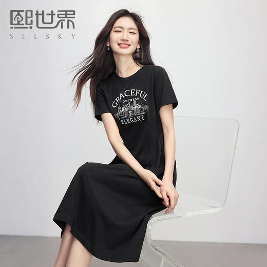 【专属特价】熙世界美式复古印花连衣裙女夏装休闲收腰修身黑色纯棉短袖T恤裙 商品图0