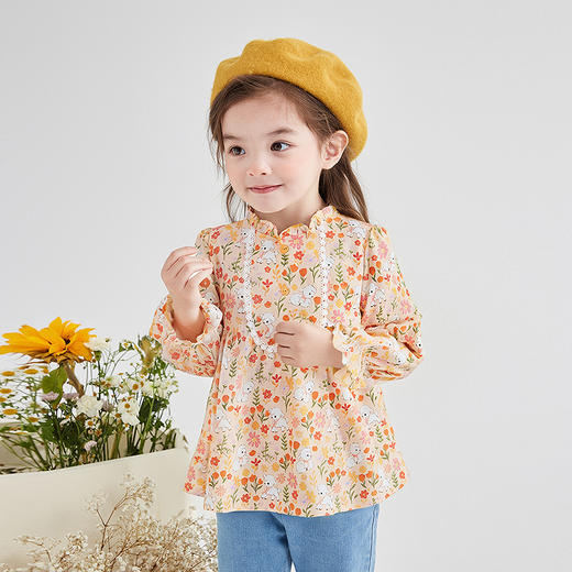 笛莎Deesha 童装女童衬衫2025秋新款女童优雅木耳边花边装饰小羊花版衬衫 商品图1