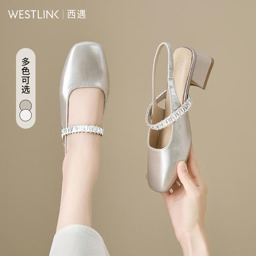 西遇法式玛丽珍鞋女新款夏秋季水钻包头凉鞋后空中跟粗跟单鞋V1456896 商品图0