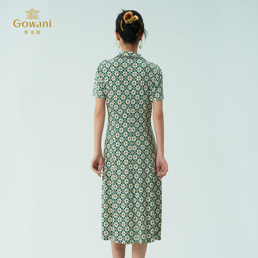 乔万尼新品100%真丝V领修身格纹印花中长款连衣裙ED2E536 商品图4